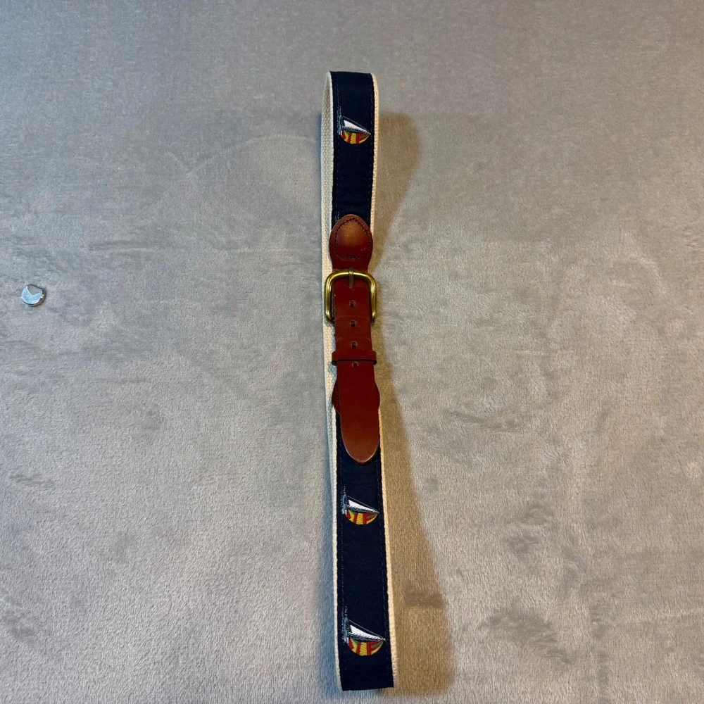 Vintage Sailboat‎ Embroidered Surcingle Belt Navy Cream Leather Brass Nautical
